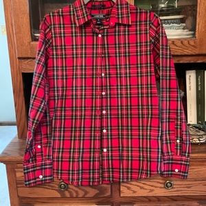 Lands End No Iron Supima Size 6 Button Down Shirt Top Red Royal Stewart Tartan